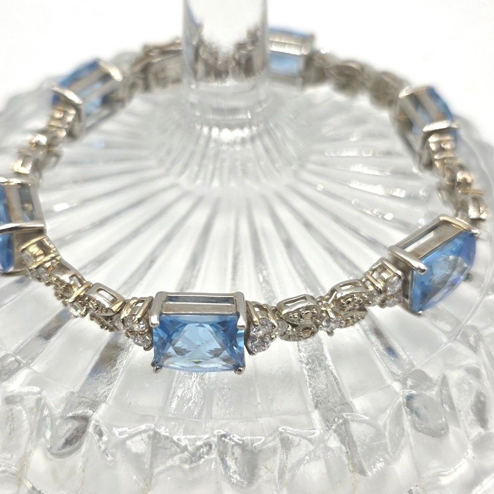 Sterling Silver 925 Blue Topaz‎ Emerald Cut Tennis Bracelet Vintage Style 7.25in